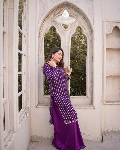 Purple Faux Georgette Sequence Work Top Bottom With Dupatta