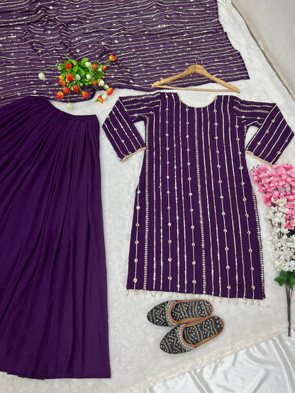 Purple Faux Georgette Sequence Work Top Bottom With Dupatta