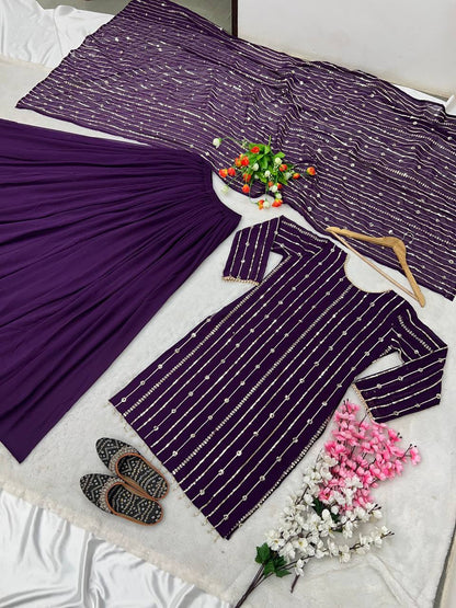 Purple Faux Georgette Sequence Work Top Bottom With Dupatta