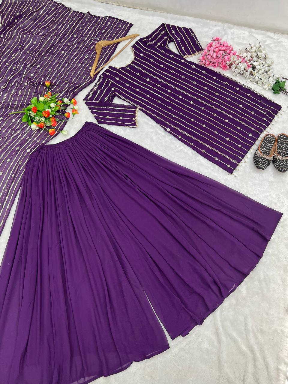 Purple Faux Georgette Sequence Work Top Bottom With Dupatta