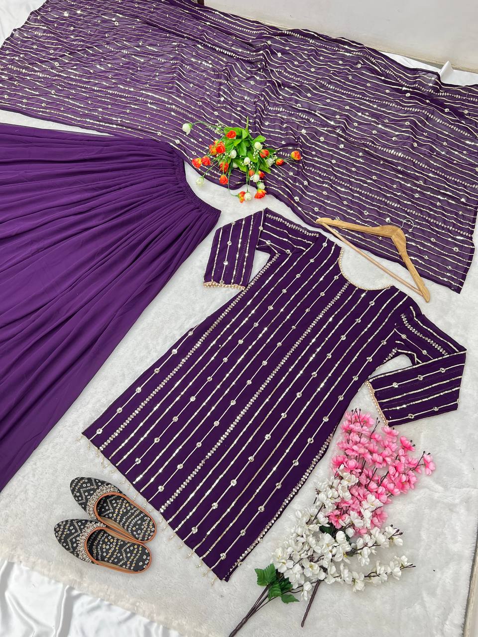 Purple Faux Georgette Sequence Work Top Bottom With Dupatta