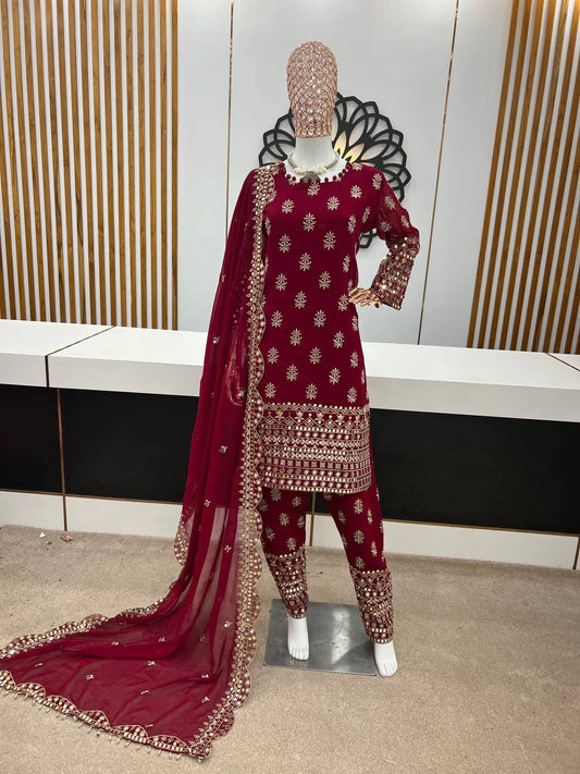 Maroon Faux Georgette Sequence Embroidery Work Top Bottom With Dupatta