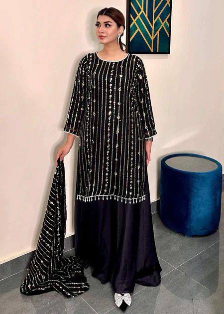 Black Faux Georgette Sequence Work Top Bottom With Dupatta