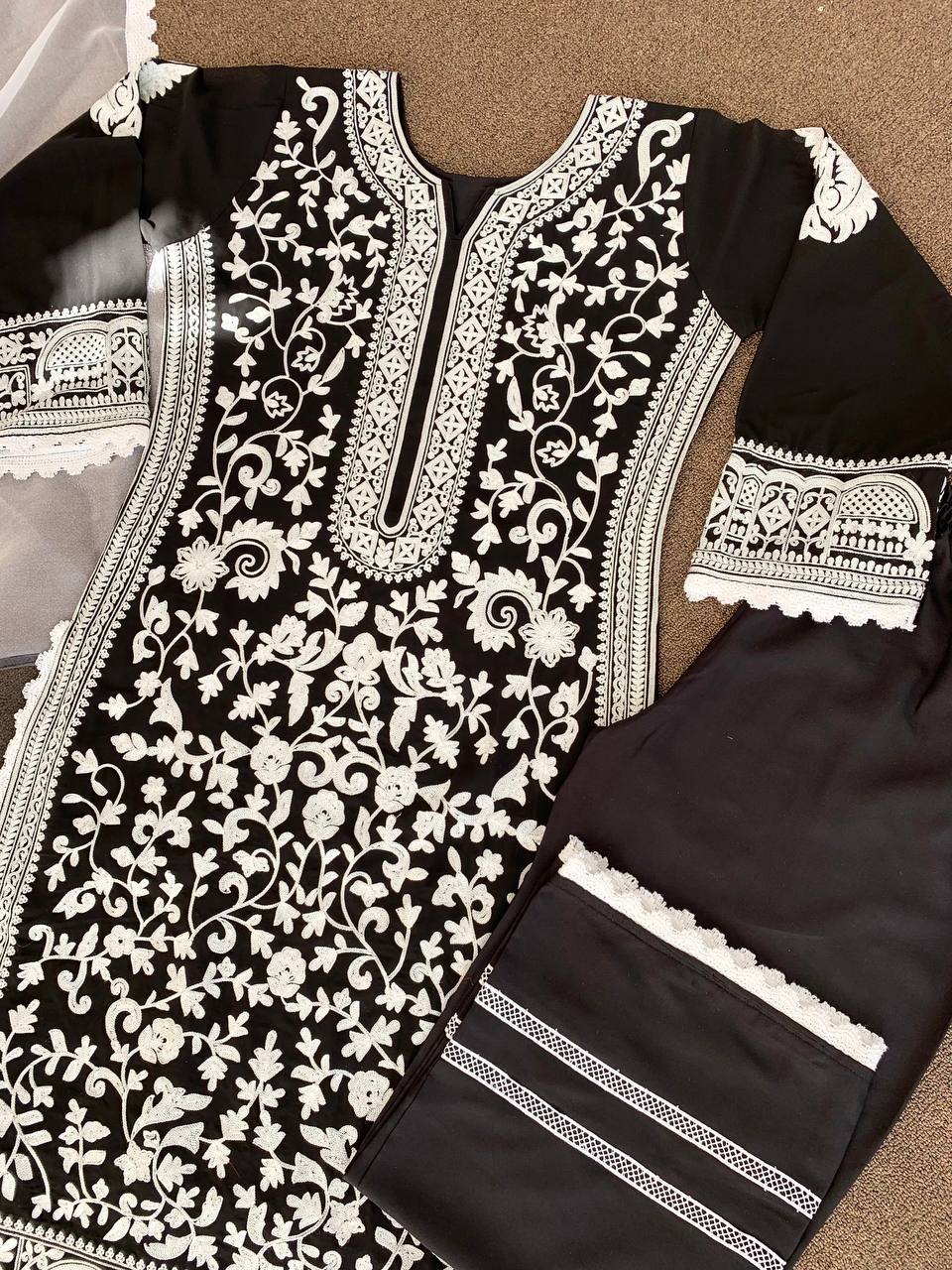 Black Faux Georgette Embroidery Work Top Bottom With Dupatta