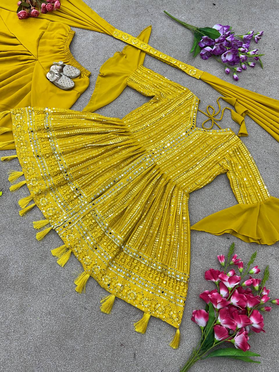 Yellow Faux Georgette Real Mirror Hand Work Top With Dhoti Set