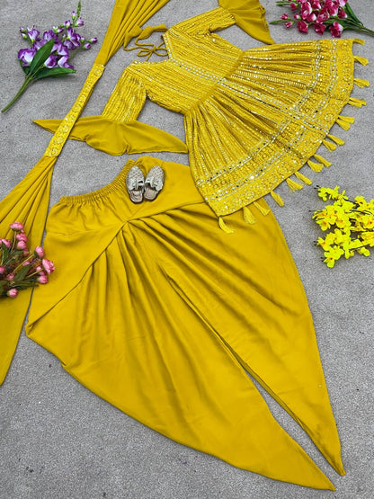 Yellow Faux Georgette Real Mirror Hand Work Top With Dhoti Set