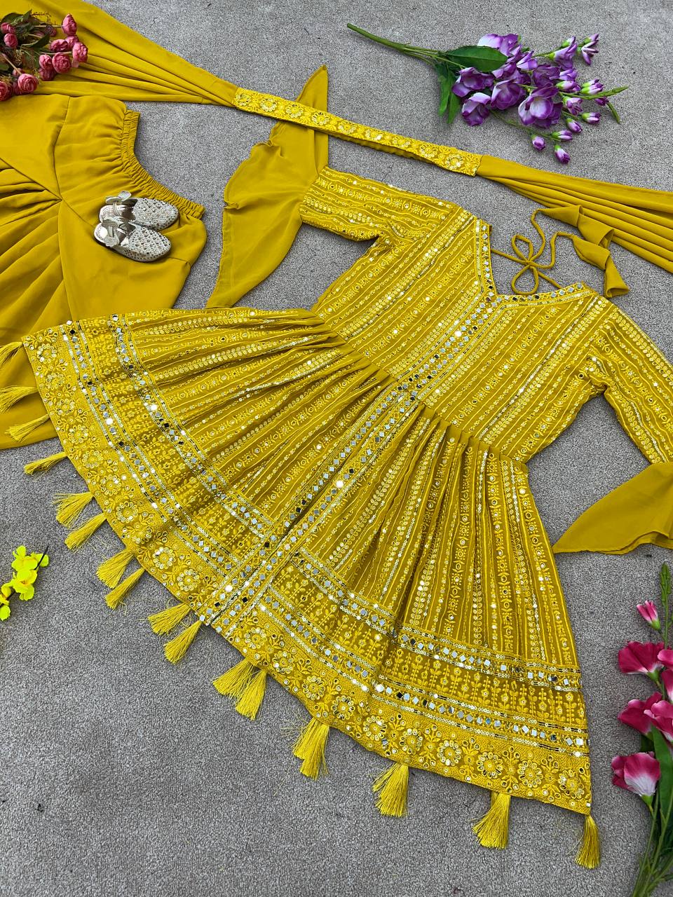 Yellow Faux Georgette Real Mirror Hand Work Top With Dhoti Set