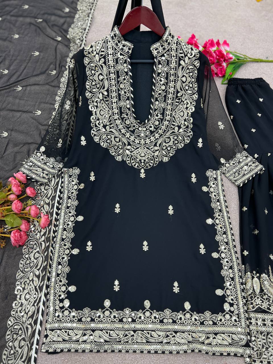 Black Faux Georgette Embroidery Work Sharara Suit With Dupatta