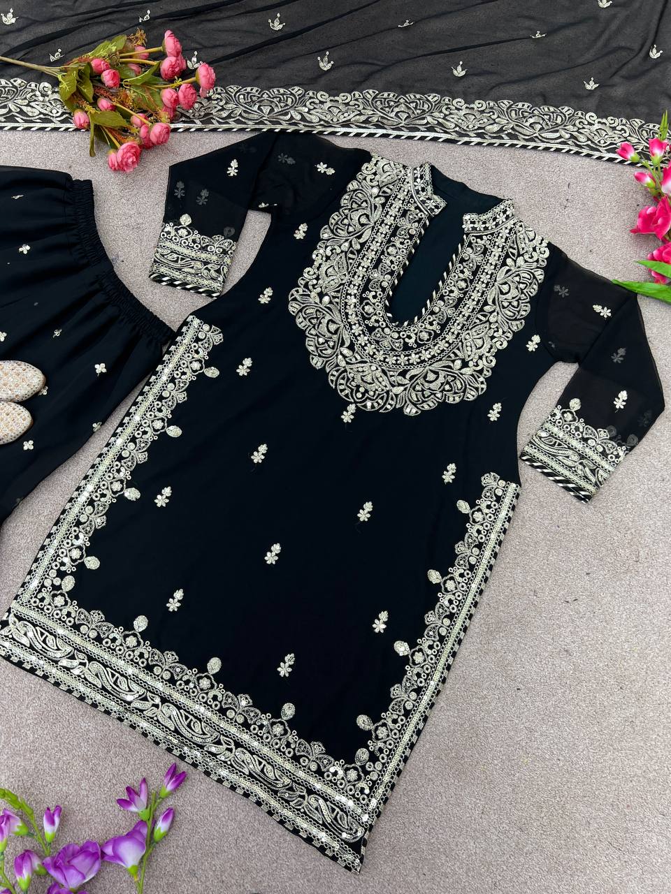 Black Faux Georgette Embroidery Work Sharara Suit With Dupatta