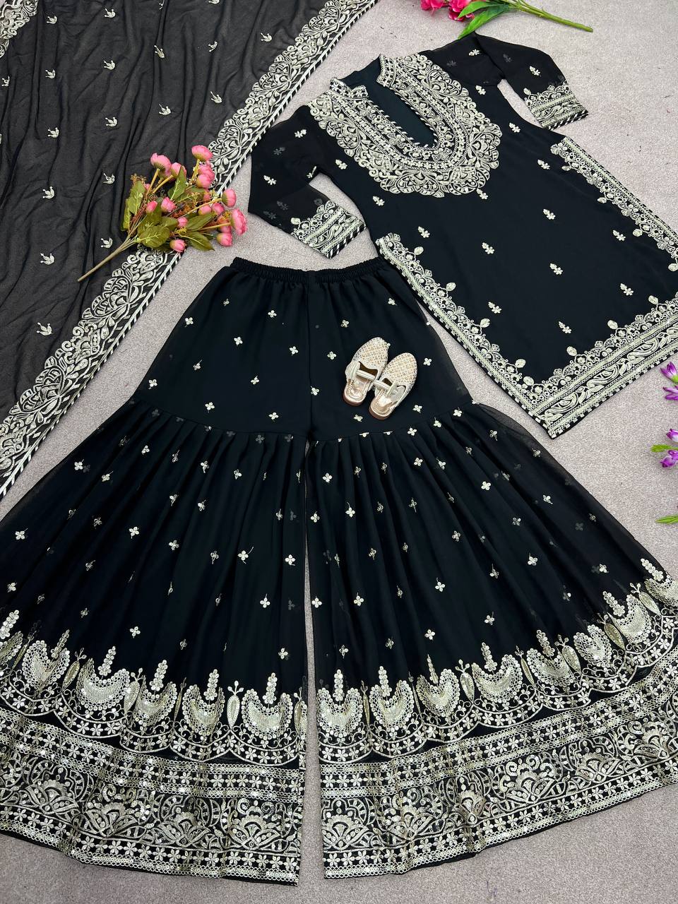 Black Faux Georgette Embroidery Work Sharara Suit With Dupatta