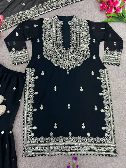 Black Faux Georgette Embroidery Work Sharara Suit With Dupatta