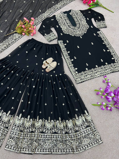 Black Faux Georgette Embroidery Work Sharara Suit With Dupatta