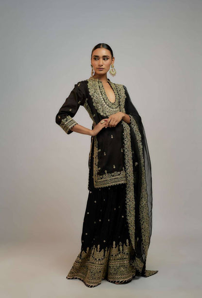 Black Faux Georgette Embroidery Work Sharara Suit With Dupatta