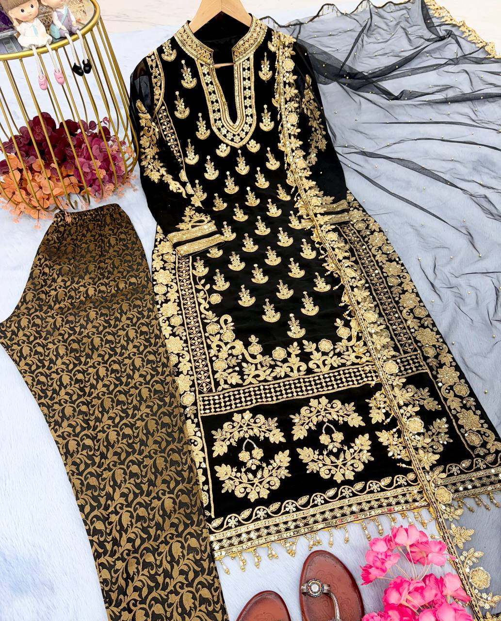 Black Faux Georgette Embroidered Top Bottom With Dupatta