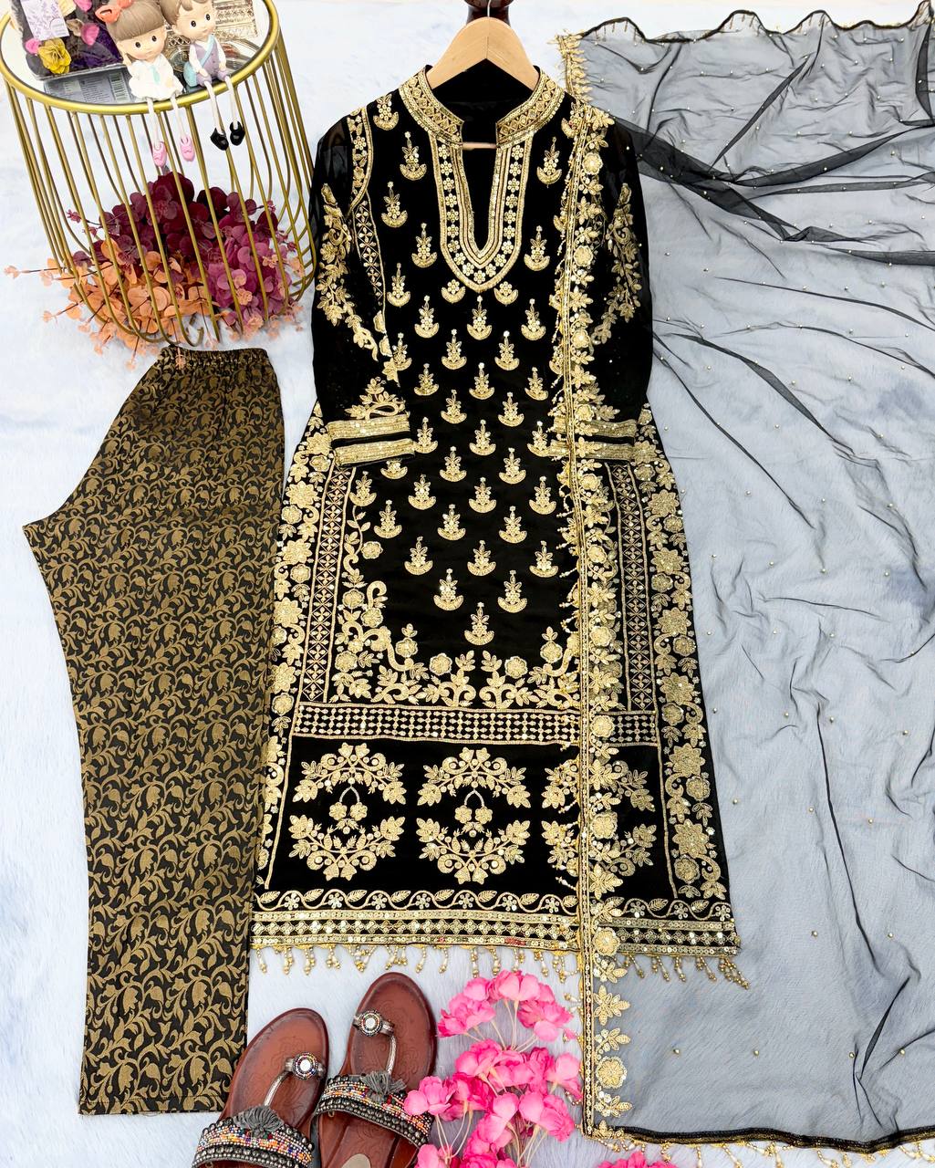 Black Faux Georgette Embroidered Top Bottom With Dupatta