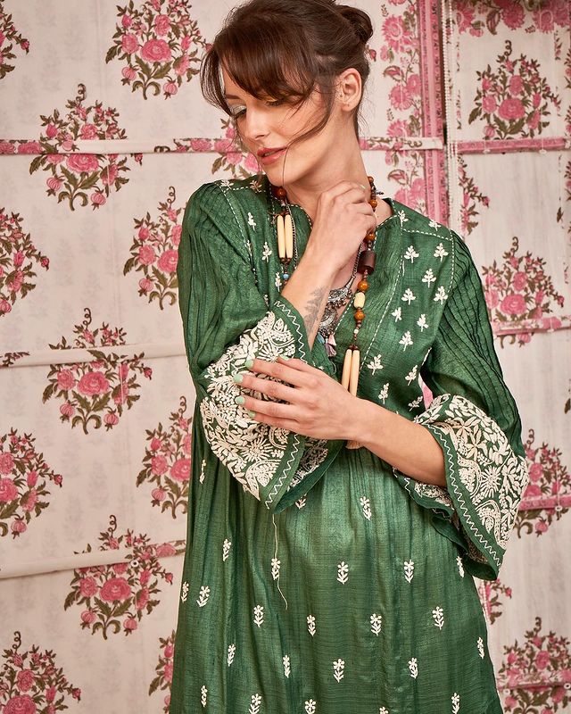 Green Rayon Cotton Chikankari Kurta