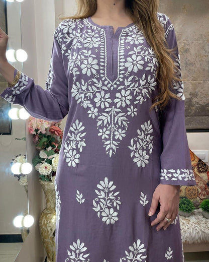 Lilac Purple Rayon Cotton Chikankari Kurta With Palazzo