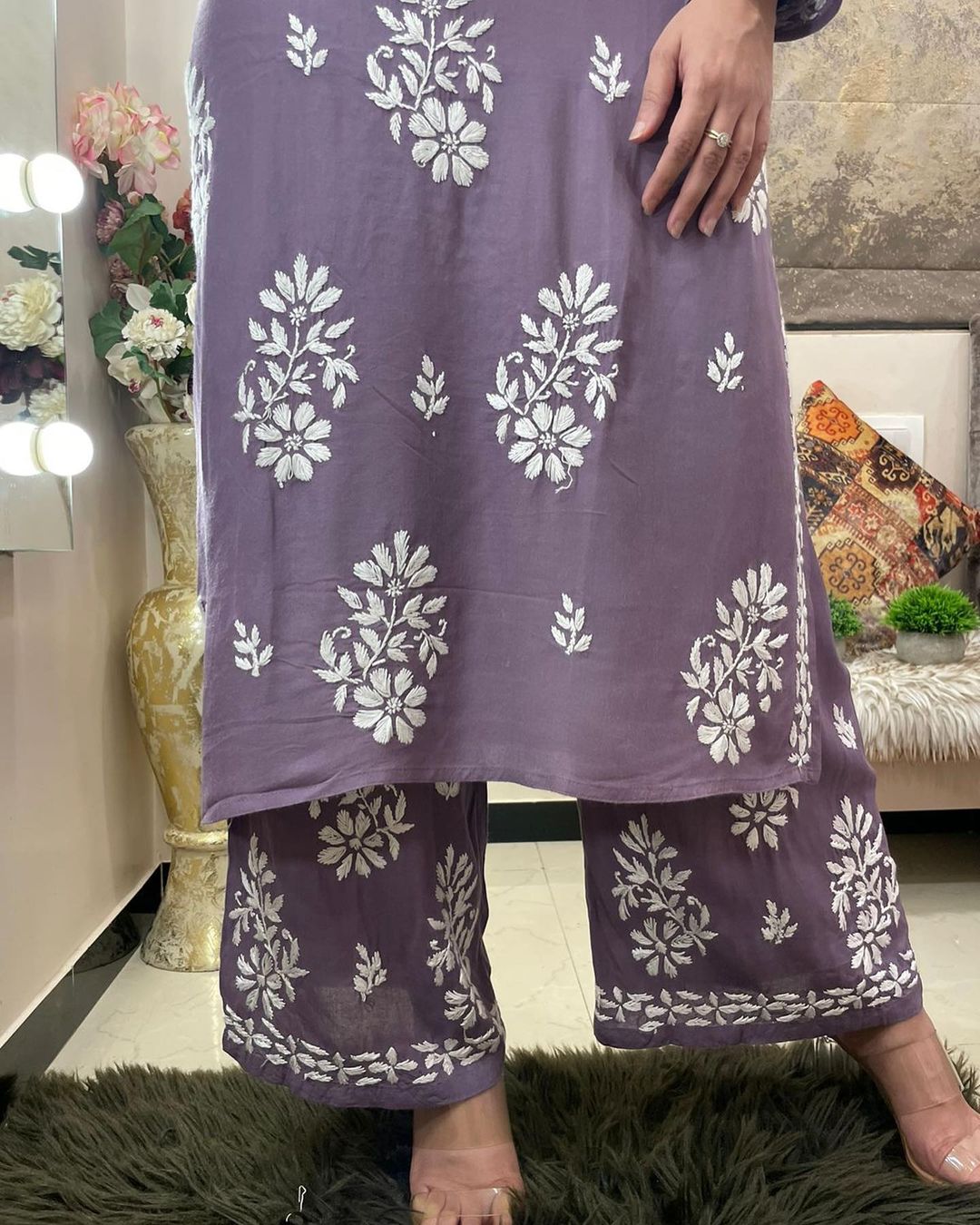 Lilac Purple Rayon Cotton Chikankari Kurta With Palazzo