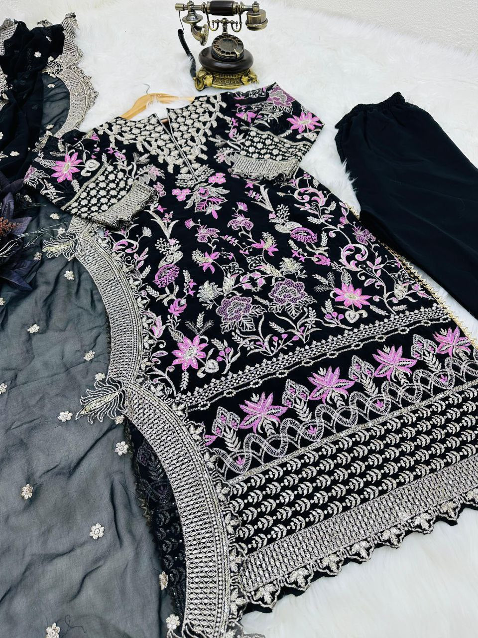 Black Faux Georgette Sequence Embroidery Work Top Bottom With Dupatta