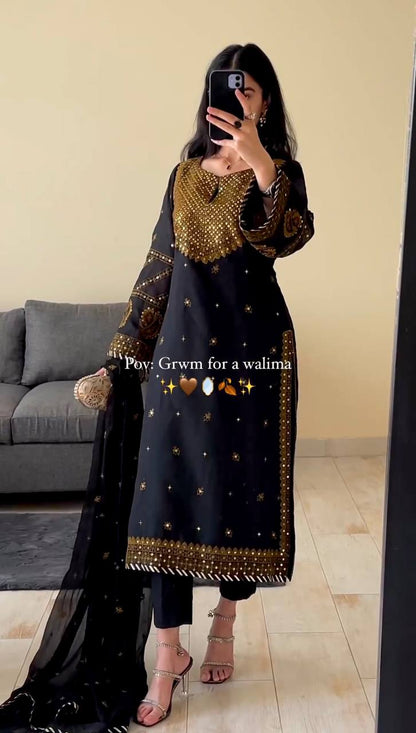 Black Faux Georgette Embroidered Top Bottom With Dupatta