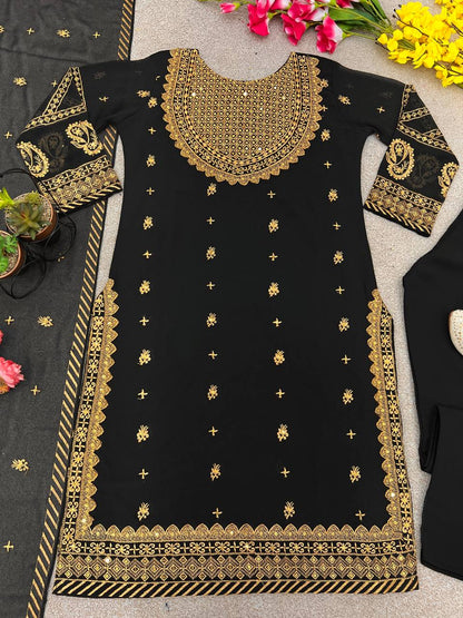 Black Faux Georgette Embroidered Top Bottom With Dupatta