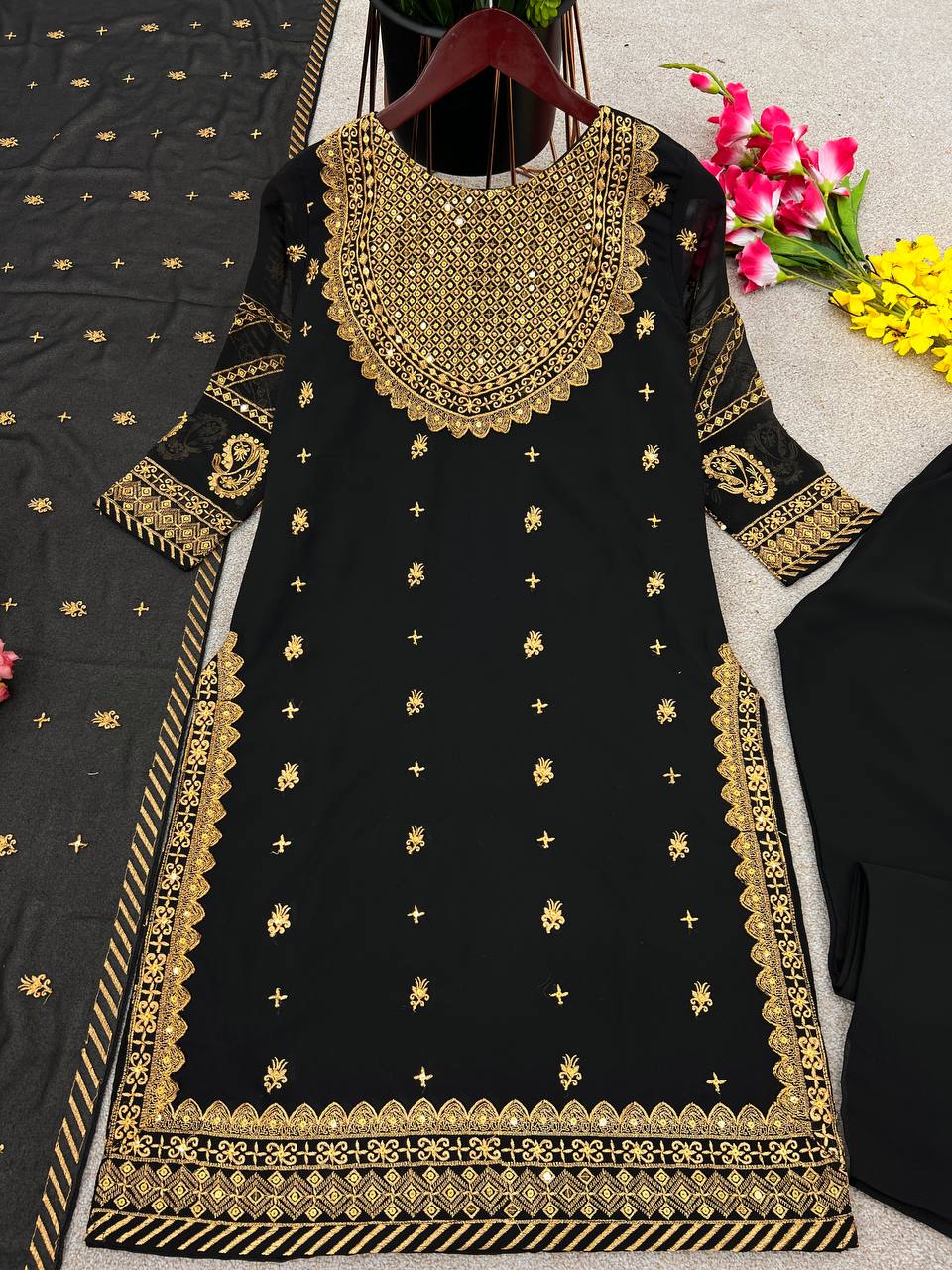 Black Faux Georgette Embroidered Top Bottom With Dupatta