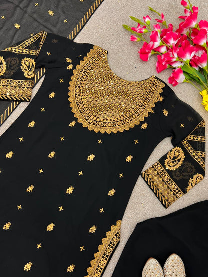 Black Faux Georgette Embroidered Top Bottom With Dupatta