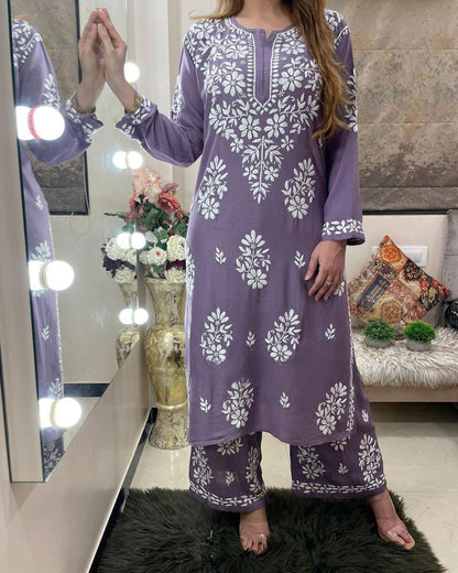 Rayon Cotton Chikankari Kurta With Palazzo