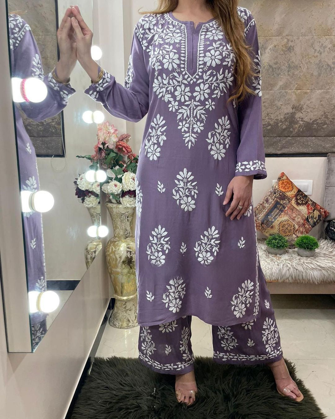 Lilac Purple Rayon Cotton Chikankari Kurta With Palazzo