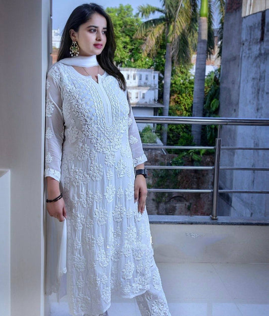 White Viscose Georgette Chikankari Kurta & Pant With Dupatta Set