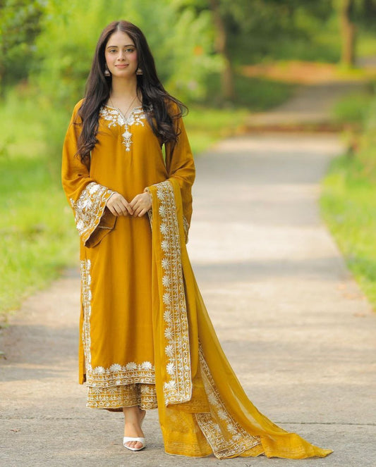 Mustard Yellow Maska Silk Embroidery Work Top Bottom With Dupatta