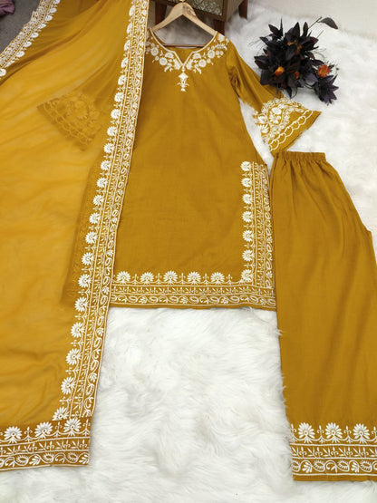 Mustard Yellow Maska Silk Embroidery Work Top Bottom With Dupatta