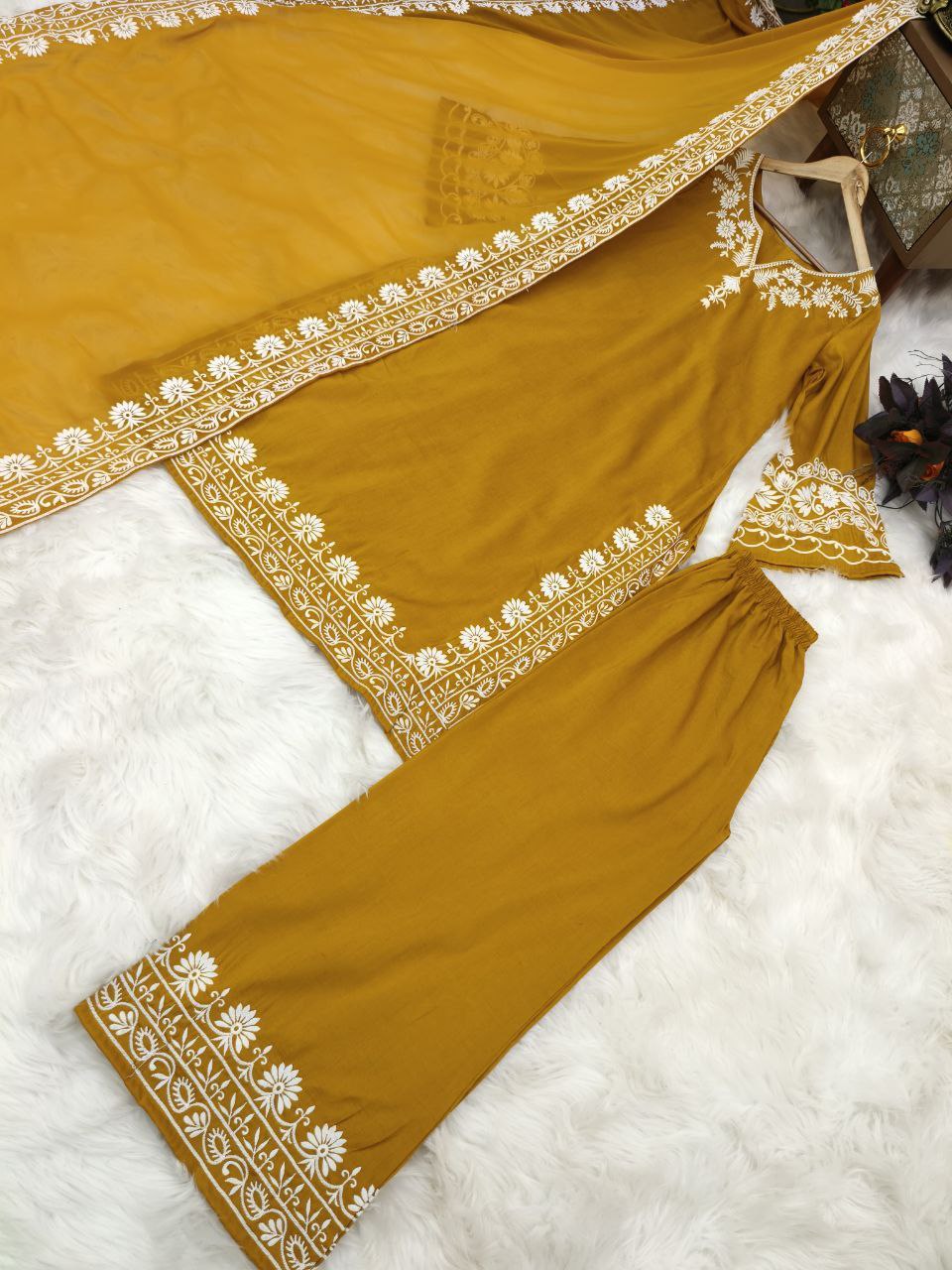 Mustard Yellow Maska Silk Embroidery Work Top Bottom With Dupatta