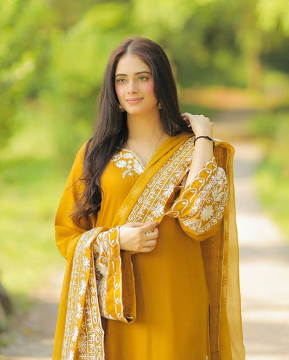 Mustard Yellow Maska Silk Embroidery Work Top Bottom With Dupatta