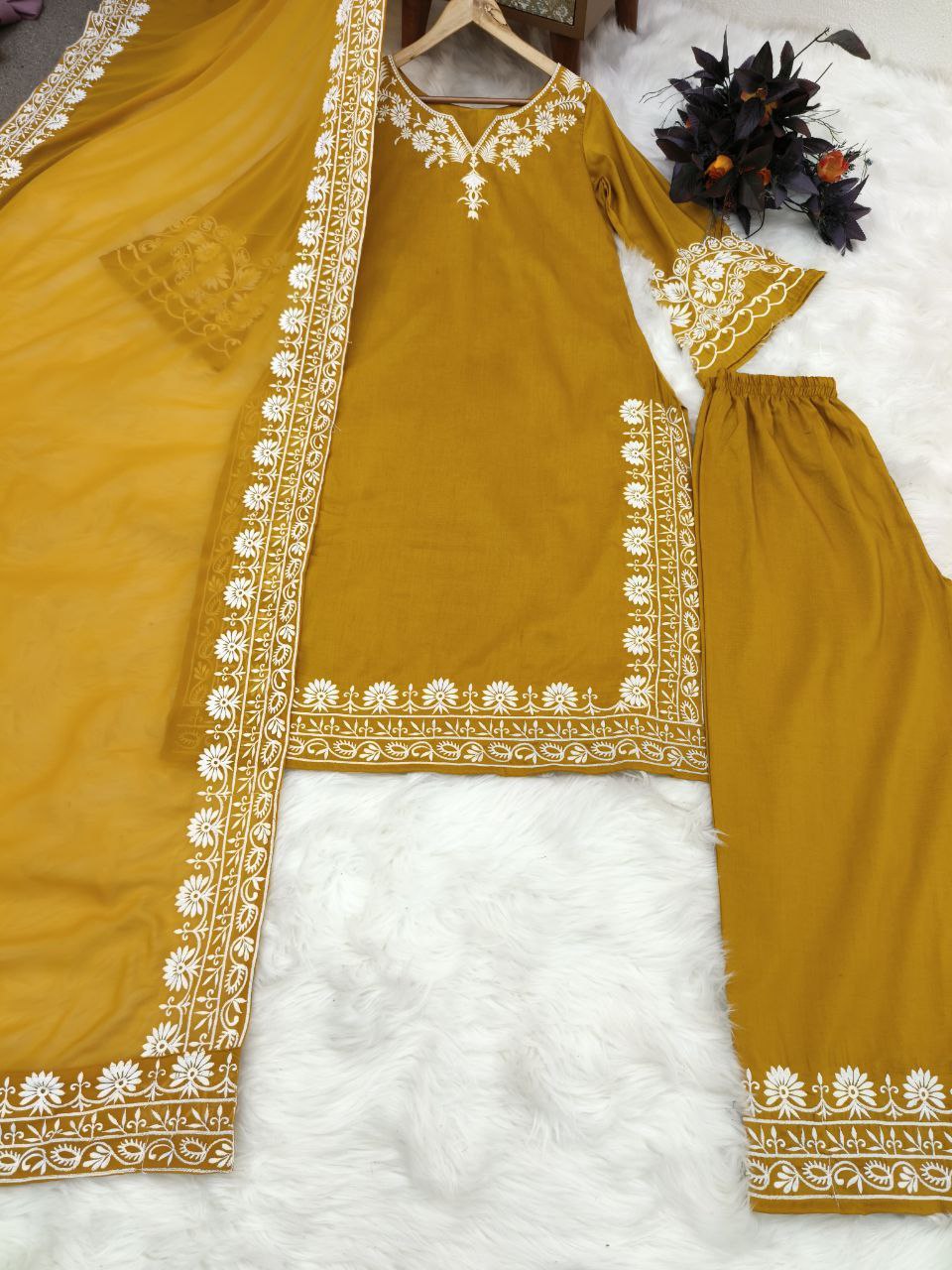 Mustard Yellow Maska Silk Embroidery Work Top Bottom With Dupatta