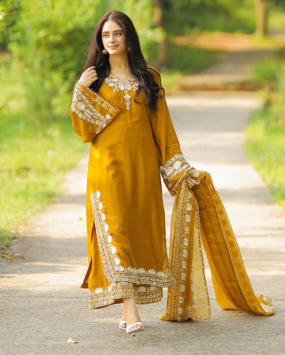 Mustard Yellow Maska Silk Embroidery Work Top Bottom With Dupatta