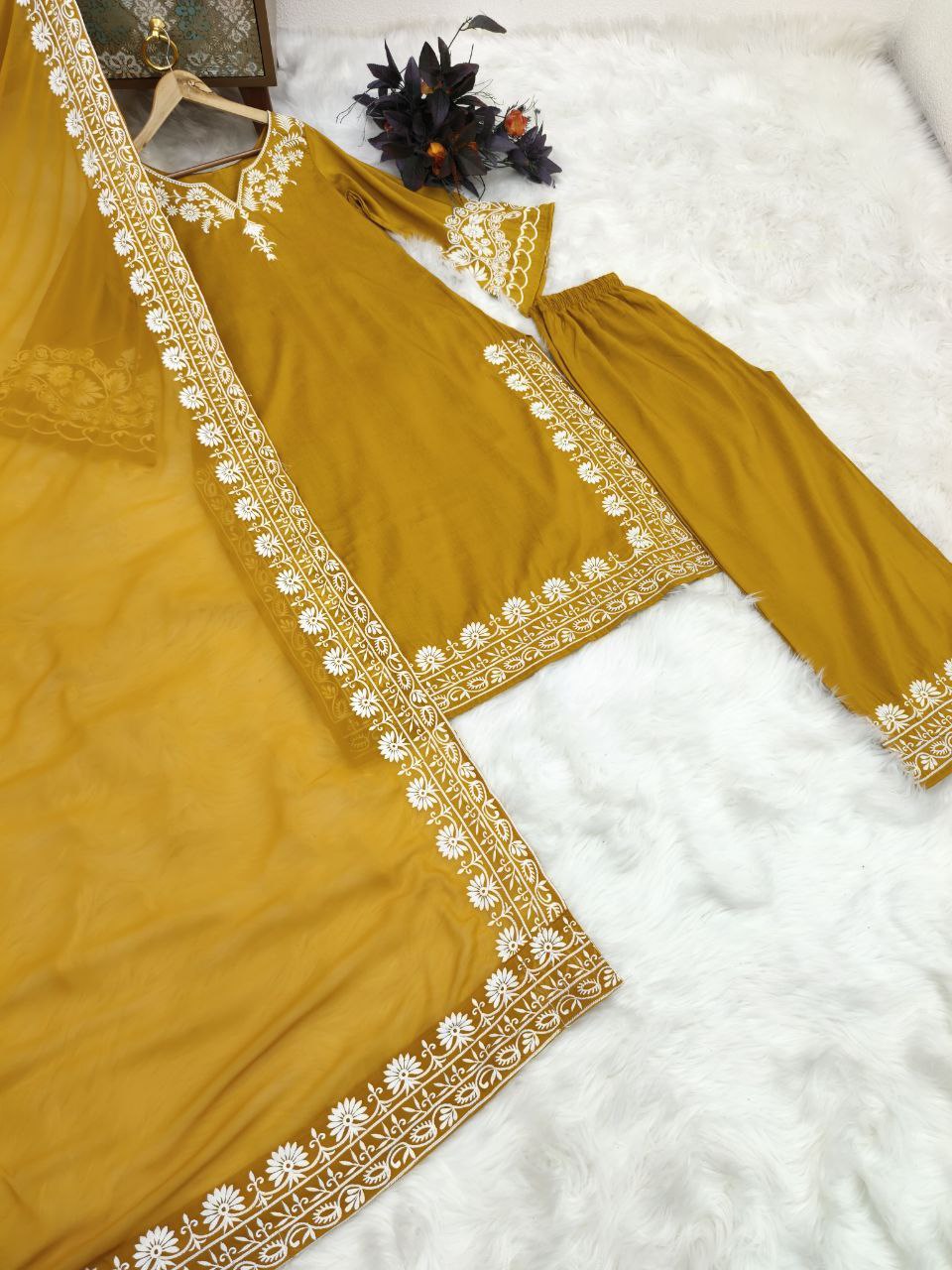 Mustard Yellow Maska Silk Embroidery Work Top Bottom With Dupatta