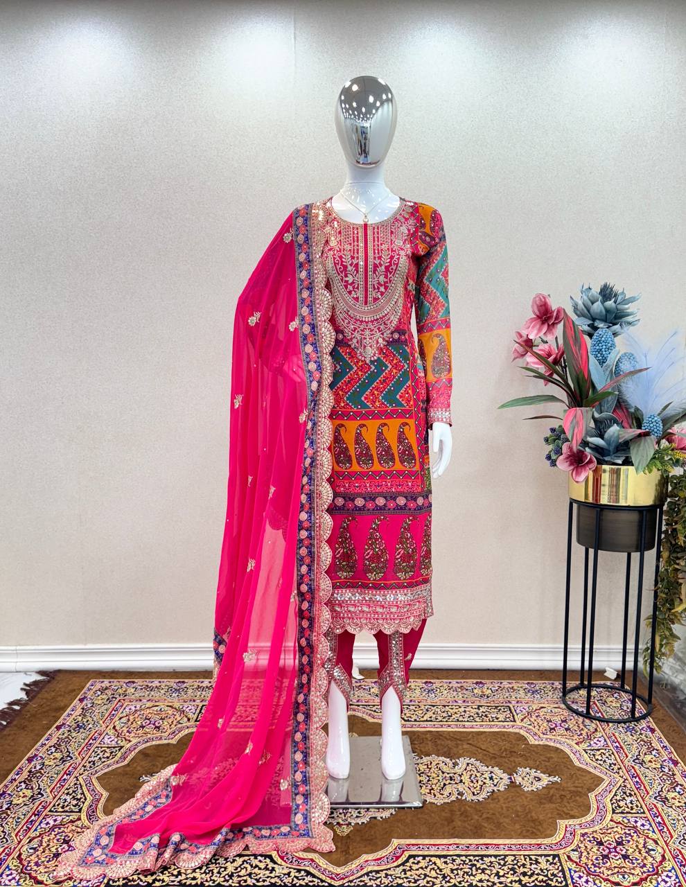 Rani Pink Faux Georgette Digital Printed Dhoti Kurta With Dupatta