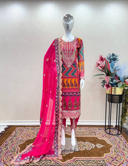 Rani Pink Faux Georgette Digital Printed Dhoti Kurta With Dupatta