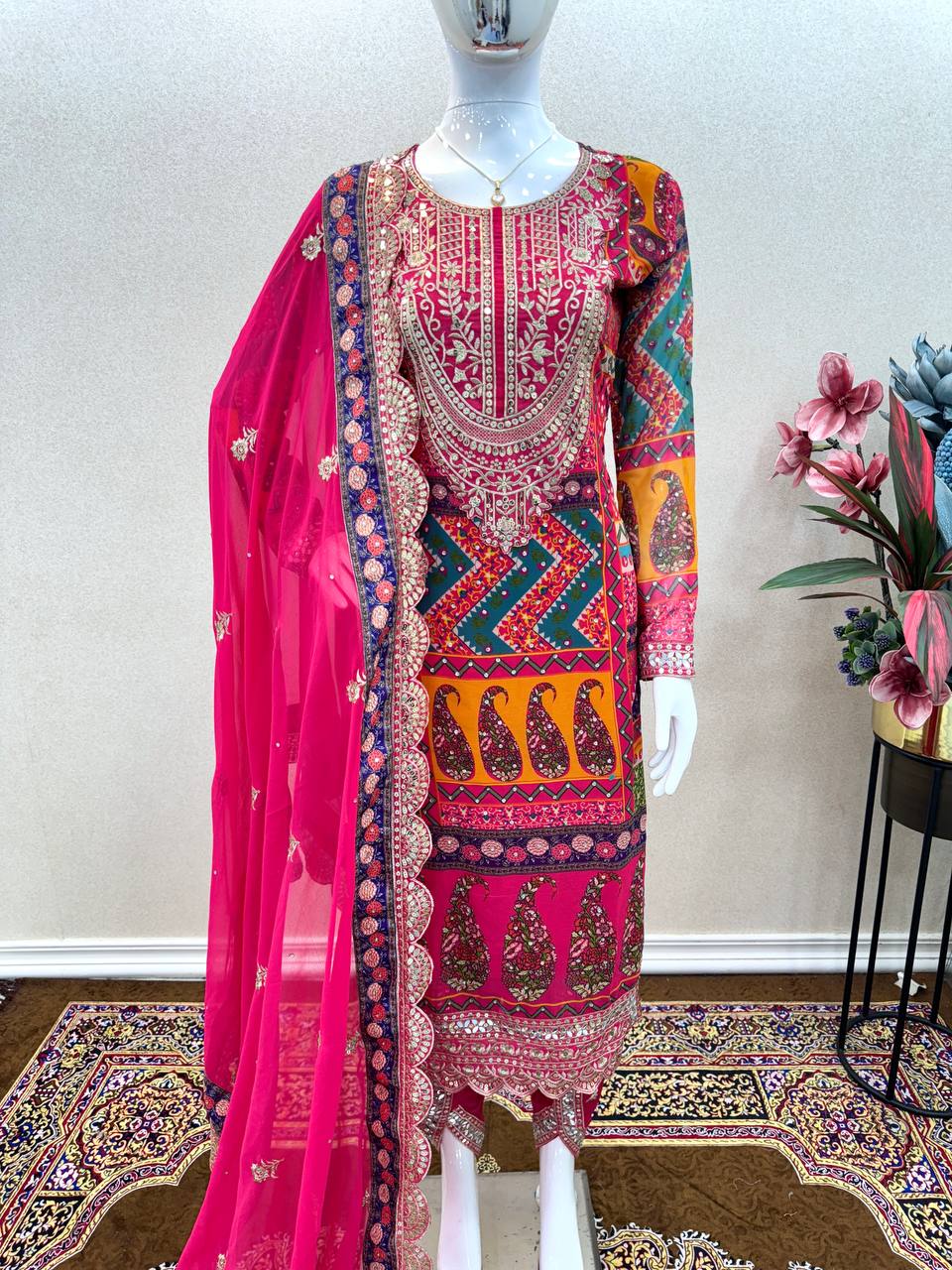 Rani Pink Faux Georgette Digital Printed Dhoti Kurta With Dupatta