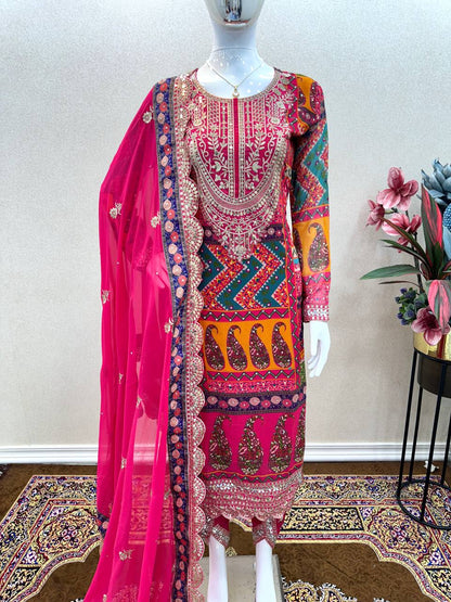 Rani Pink Faux Georgette Digital Printed Dhoti Kurta With Dupatta