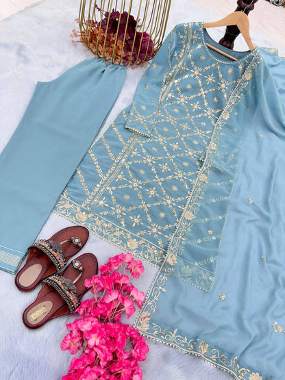 Light Sky Faux Georgette Sequence Embroidery Work Top Bottom With Dupatta