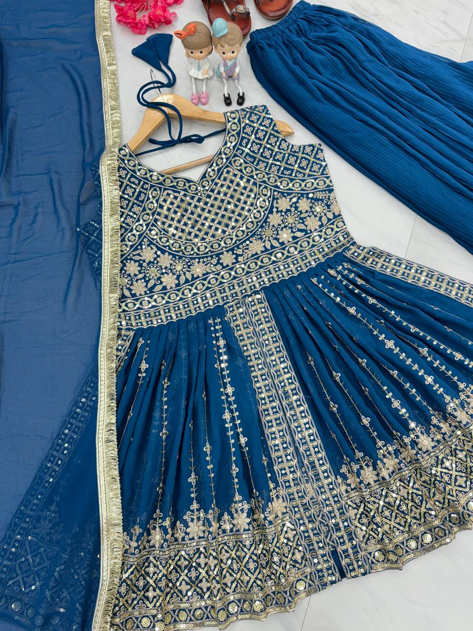 Blue Faux Georgette Sequence Embroidery Work Kurta With Palazzo And Dupatta