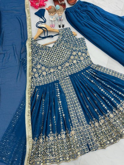 Blue Faux Georgette Sequence Embroidery Work Kurta With Palazzo And Dupatta