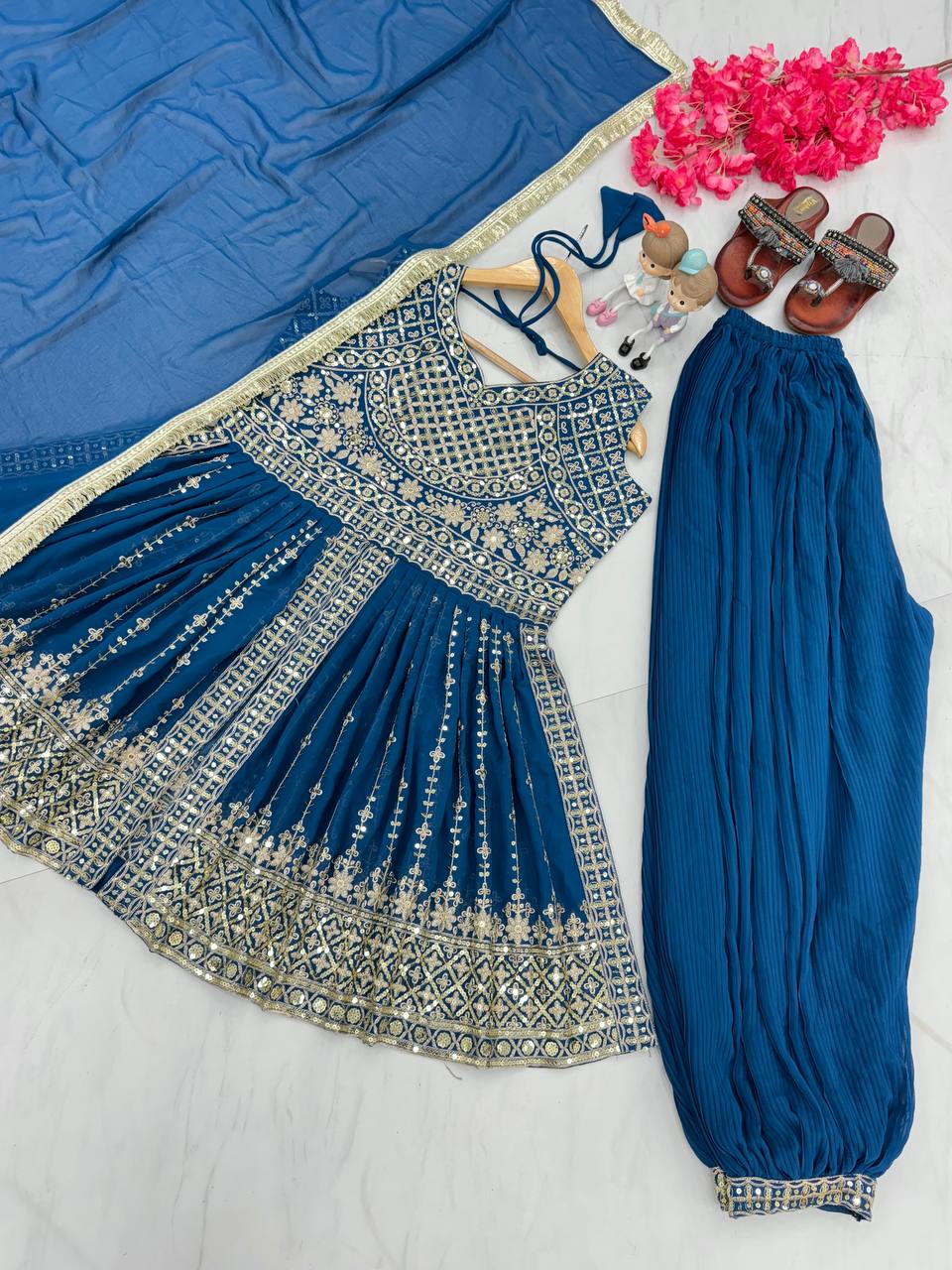 Blue Faux Georgette Sequence Embroidery Work Kurta With Palazzo And Dupatta