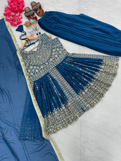 Blue Faux Georgette Sequence Embroidery Work Kurta With Palazzo And Dupatta