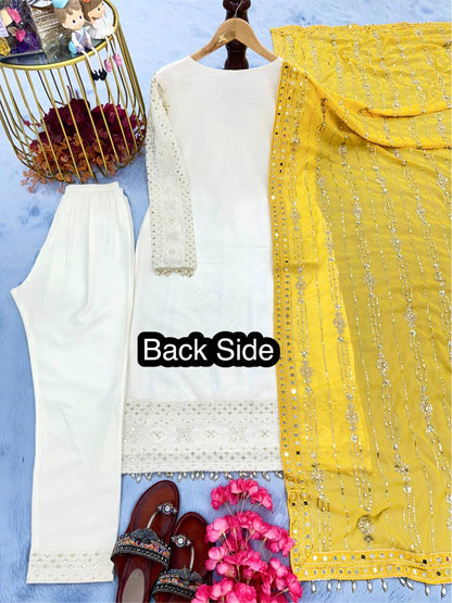 White Faux Georgette Rivet Moti Work Kurta With Palazzo And Dupatta