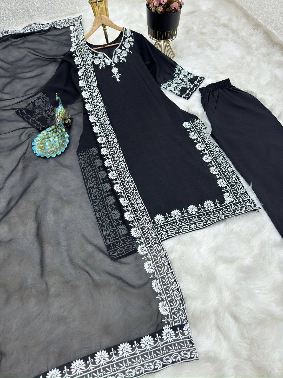 Black Maska Silk Embroidery Work Top Bottom With Dupatta