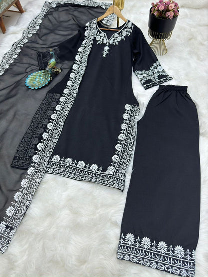 Black Maska Silk Embroidery Work Top Bottom With Dupatta