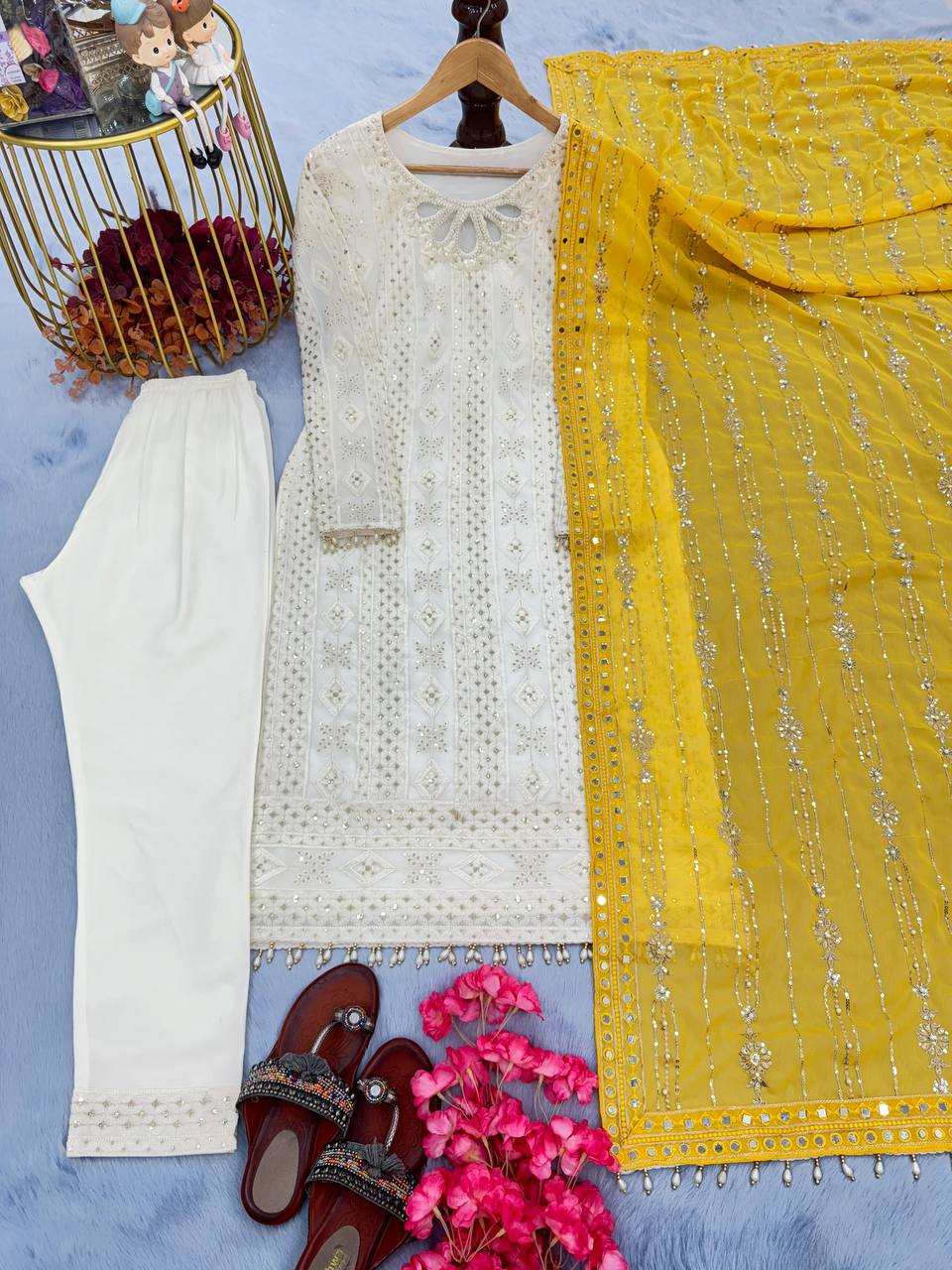 White Faux Georgette Rivet Moti Work Kurta With Palazzo And Dupatta